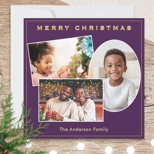 Cartão De Festividades 3 Fotografias Purple & Faux Dourado Nome Personali (A purple Christmas card to personalize with 3 photos and a name)