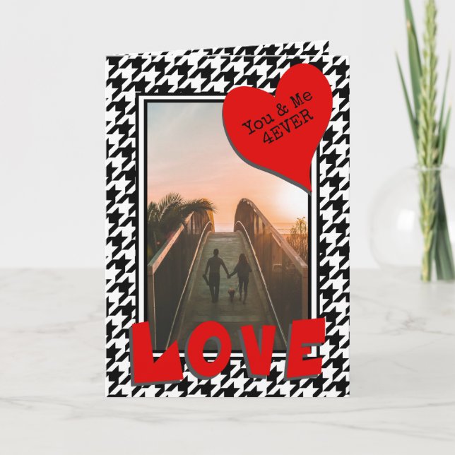 Cartão De Festividades 3 Fotos Red Love Heart Notes Classic Houndstooth (Frente)
