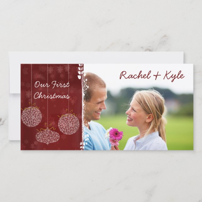 Cartão De Festividades 3 Ornamentos Nosso Primeiro Natal Sua Foto (Frente)