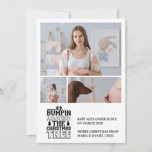 Cartão De Festividades 3 Photo Christmas Tree Pregnancy Announcement (Frente)