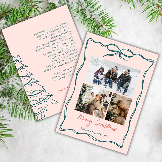 Cartão De Festividades 3 Photo Collage Wavy Doodle Frame Bow Christmas (Criador carregado)