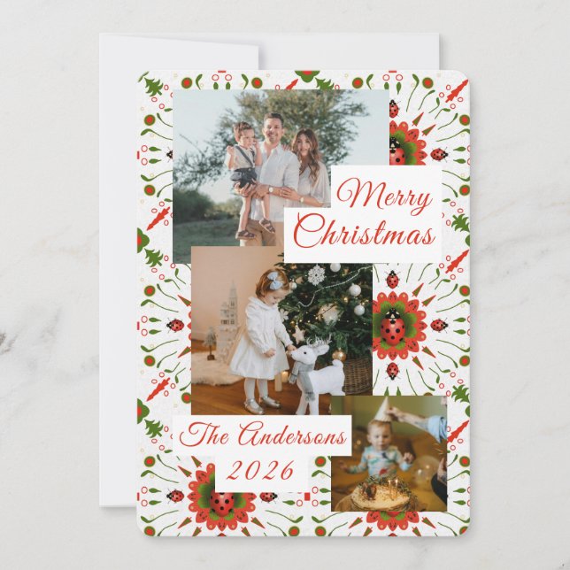 Cartão De Festividades 3 Photo Holiday Red + Green Ladybug Christmas Card (Frente)
