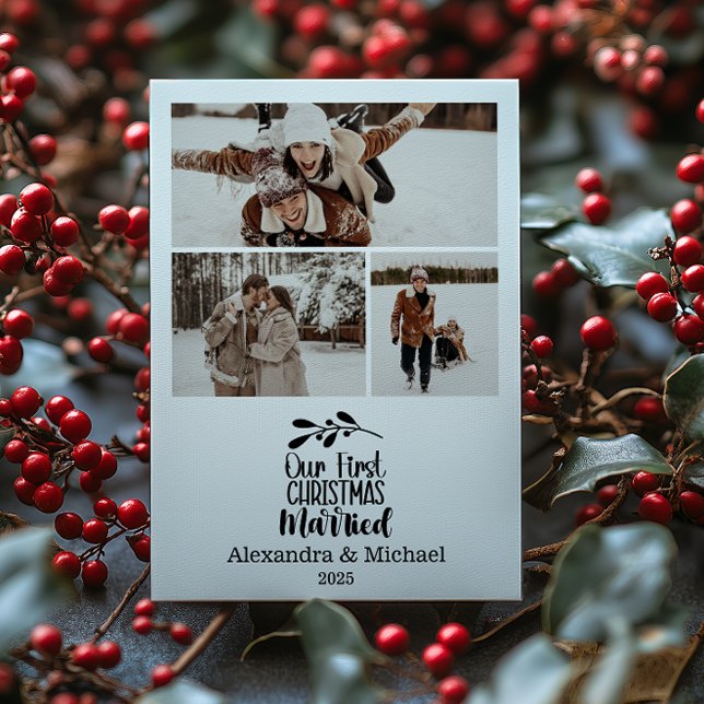 Cartão De Festividades 3 Photo Minimialist Our First Christmas Married (Criador carregado)