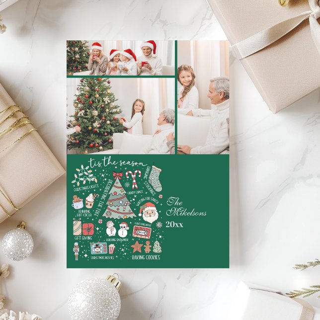 Cartão De Festividades 3 Photo Tis The Season Retro Green Christmas (Criador carregado)
