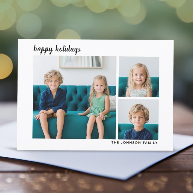 Cartão De Festividades 3 xadrez de Script Mínimo Moderno da Foto - Preto (Modern, minimal design with 3 photos)