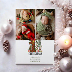 Cartão De Festividades 3 Xadrez Fotográfica Primeiro Natal