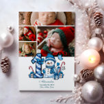 Cartão De Festividades 4 Foto Blue Snowman Primeiro Natal<br><div class="desc">Celebre a sua primeira temporada de festas com este alegre design de inverno com um número de xadrez azul, um adorável boneco de neve, e doces e presentes espalhados. Personalize-o com a fotografia do seu bebê e os detalhes do nascimento para criar uma guarnição que traz encanto e magia às...</div>