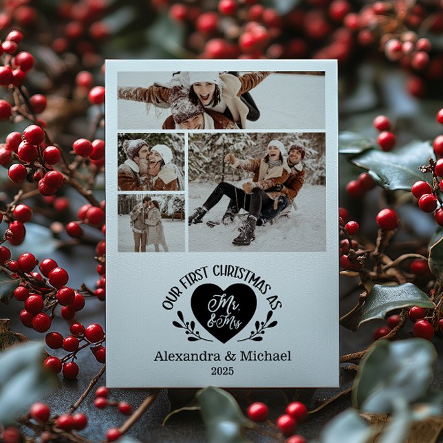 Cartão De Festividades 4 Foto Coração Primeiro Natal como Sr & Sra. (Criador carregado)