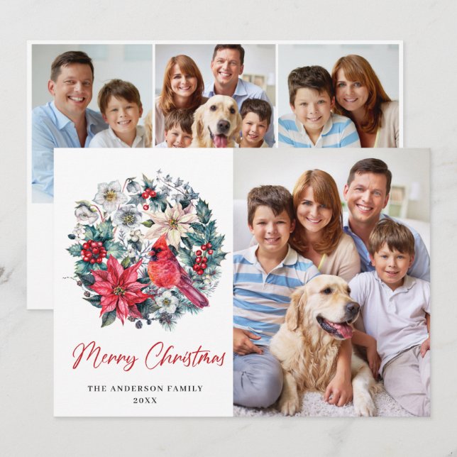 Cartão De Festividades 4 FOTO Holly Berry Cardinal Poinsettia Natal (Frente/Verso)