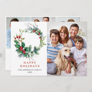 Cartão De Festividades 4 FOTO Holly Berry Wreath Saudação de Natal