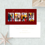 Cartão De Festividades 4 Fotos Douradas Script Burgundy Feliz Natal<br><div class="desc">4 Fotos Douradas Script Burgundy Feliz Natal. Disponível digitalmente e impresso. Moderno e minimalista,  com um roteiro de na moda para Feliz Natal. Substitua as imagens de exemplo por suas próprias fotos divertidas e personalize o resto das palavras em cada lado,  conforme necessário.</div>