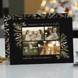 Cartão De Festividades 4 Fotos Família Natal Preto Dourado Botânico