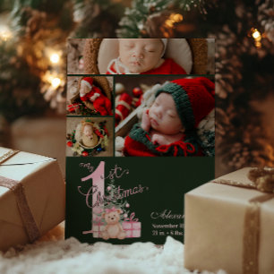 Cartão De Festividades 4 Fotos  Rosa Verde Primeiro Natal do Bebê