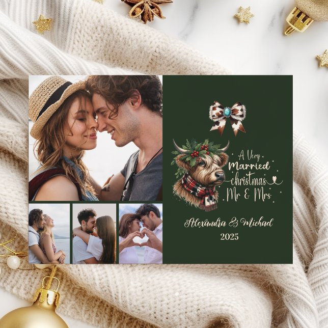 Cartão De Festividades 4 Photo Highland Cow Merry Christmas Mrs and Mr (Criador carregado)