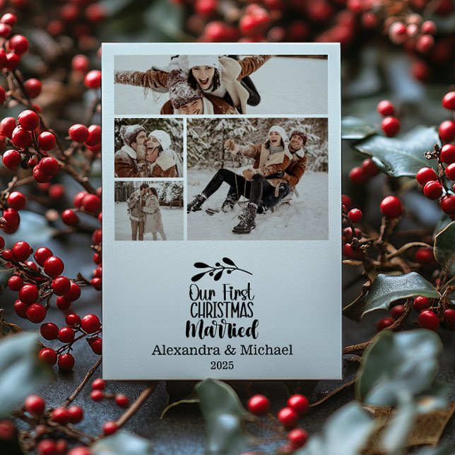 Cartão De Festividades 4 Photo Minimialist Our First Christmas Married (Criador carregado)