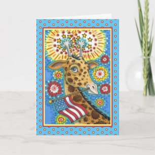 Cartão De Festividades 4TH OF JULY PATRIOTIC GIRAFFE & FIREWORKS Cute Fun