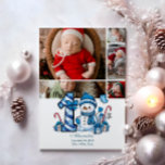 Cartão De Festividades 5 Foto Blue Snowman Primeiro Natal<br><div class="desc">Celebre a sua primeira temporada de festas com este alegre design de inverno com um número de xadrez azul, um adorável boneco de neve, e doces e presentes espalhados. Personalize-o com a fotografia do seu bebê e os detalhes do nascimento para criar uma guarnição que traz encanto e magia às...</div>