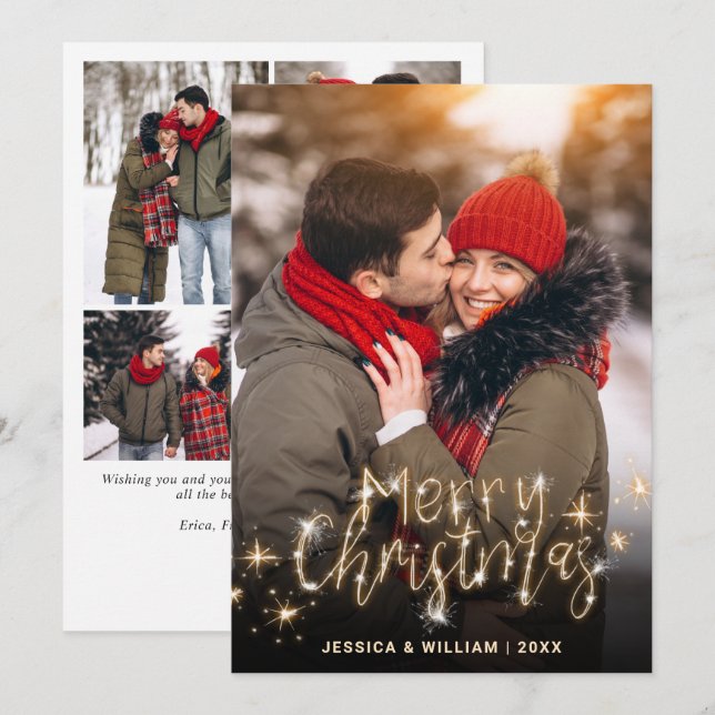 Cartão De Festividades 5 FOTO Feliz Natal Dourado Saudação Sparkle (Frente/Verso)