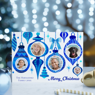 Cartão De Festividades 5 Foto Natal Baubles Blue Watercolor Family