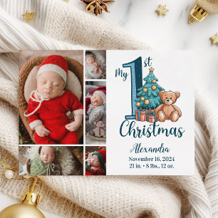 Cartão De Festividades 5 Foto Urso Azul Bebê 1º Natal