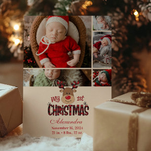 Cartão De Festividades 5 Fotos Xadrez Rena Primeiro Natal do Bebê 