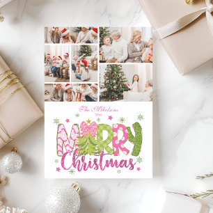 Cartão De Festividades 6 Foto Árvore de Natal com Laço Rosa Verde Feliz N