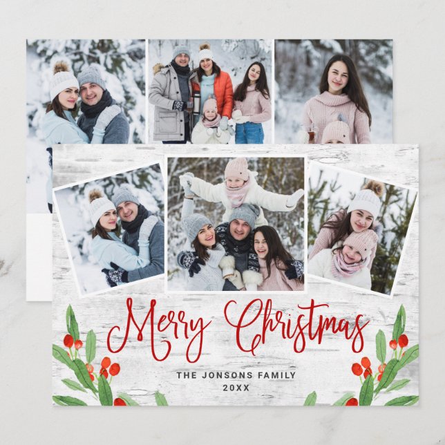 Cartão De Festividades 6 FOTO Natal Latido Rustic Birtic Saudação (Frente/Verso)