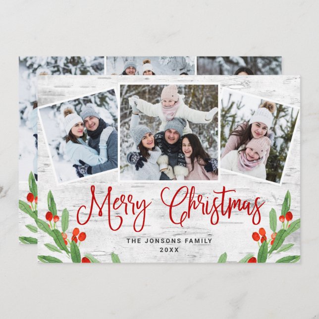 Cartão De Festividades 6 FOTO Natal Latido Rustic Birtic Saudação (Frente/Verso)