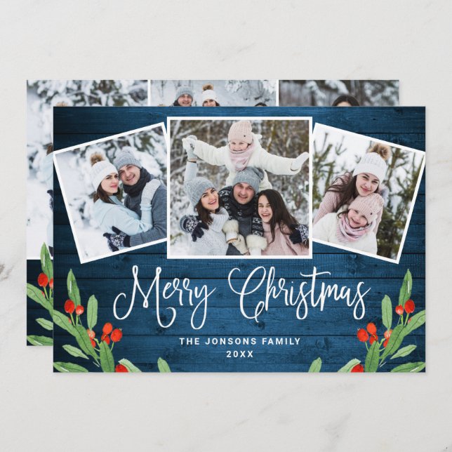 Cartão De Festividades 6 FOTO Natal Russo Blue Wood Saudação (Frente/Verso)