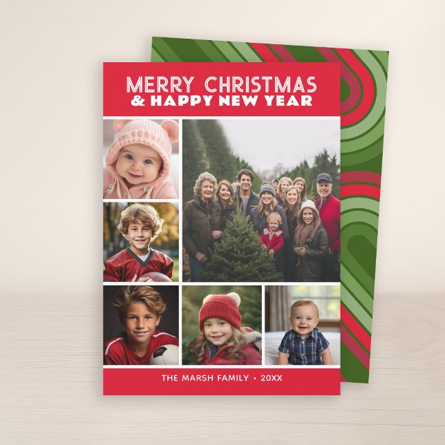 Cartão De Festividades 6 Foto Retro Strike Christmas Red Peace and Love (7 Photo Collage with Retro Stripes - Online Christmas Card - Print and Download Options)