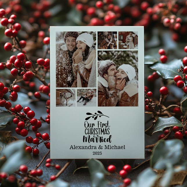 Cartão De Festividades 6 Photo Minimialist Our First Christmas Married (Criador carregado)