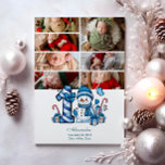 Cartão De Festividades 7 Foto Blue Snowman Primeiro Natal<br><div class="desc">Celebre a sua primeira temporada de festas com este alegre design de inverno com um número de xadrez azul, um adorável boneco de neve, e doces e presentes espalhados. Personalize-o com a fotografia do seu bebê e os detalhes do nascimento para criar uma guarnição que traz encanto e magia às...</div>