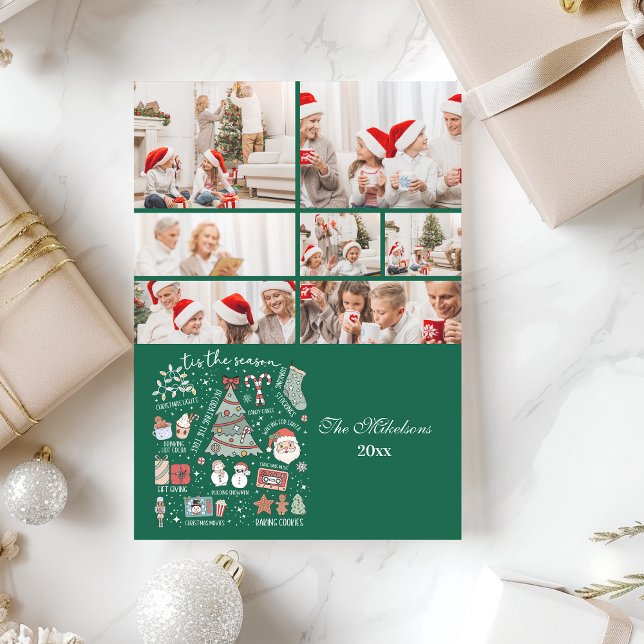 Cartão De Festividades 7 Photo Tis The Season Retro Green Christmas (Criador carregado)