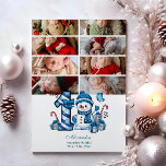 Cartão De Festividades 8 Foto Blue Snowman Primeiro Natal<br><div class="desc">Celebre a sua primeira temporada de festas com este alegre design de inverno com um número de xadrez azul, um adorável boneco de neve, e doces e presentes espalhados. Personalize-o com a fotografia do seu bebê e os detalhes do nascimento para criar uma guarnição que traz encanto e magia às...</div>