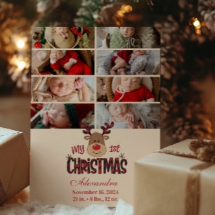 Cartão De Festividades 8 Xadrez Fotográfica Reindeer Baby Primeiro Natal