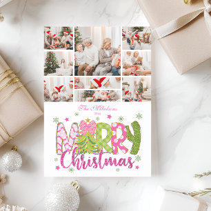 Cartão De Festividades 9 Foto Árvore de Natal Laço Rosa Verde Feliz Natal