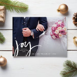Cartão De Festividades A colagem da foto do casamento da alegria do<br><div class="desc">Um cartão com fotos bonito do feriado que caracteriza sua foto favorita na parte dianteira com a palavra "alegria" em uma pia batismal mão-indicada por letras do roteiro. Adicione três fotos à parte traseira e a sua nota feita sob encomenda. Mude facilmente a cor da parte traseira para felicitar seus...</div>