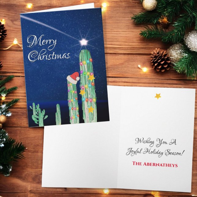 Cartão De Festividades A disparar o Star Southwest Cactus Personalizado (Christmas greeting card cover and inside template text)