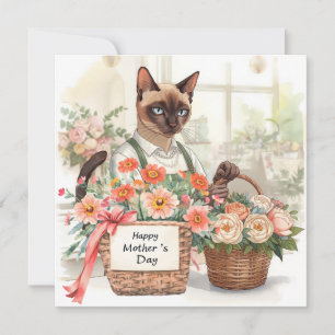 Cartão De Festividades A Mãe de Gato está arranjando Flores no Dia das Mã
