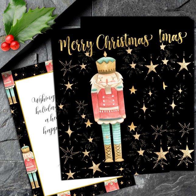 Cartão De Festividades A Noite Dourada de Starry de Natal (The Christmas Nutcracker Gold Starry Night Merry Christmas Flat Holiday Card)
