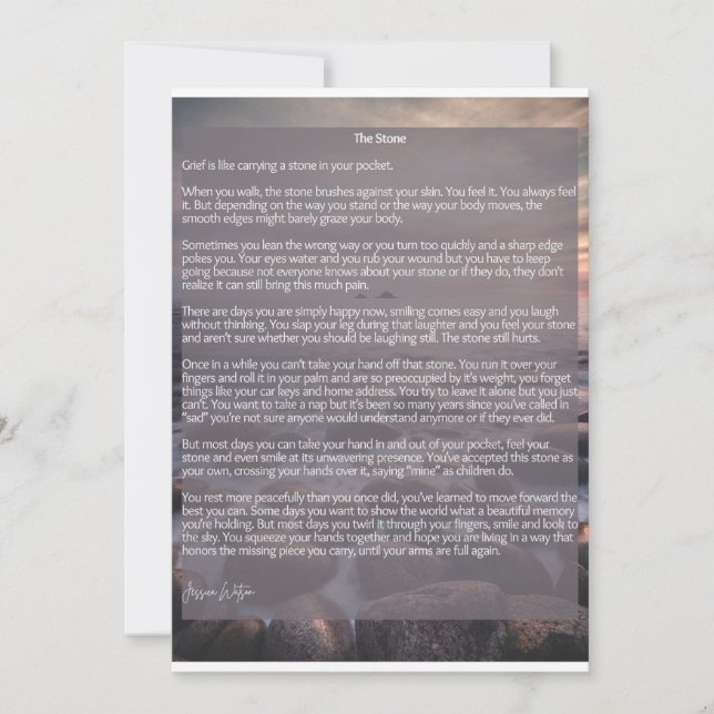 Cartão De Festividades A Pedra, um poema sobre a dor e a perda (Frente)