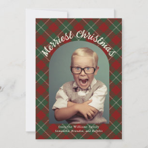 Cartão De Festividades A Xadrez de Natal mais feliz do Tartan com sua fot