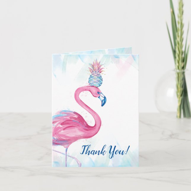 Cartão De Festividades Abacaxi Flamingo Rosa Dourada Azul Obrigado Cartõe (Frente)