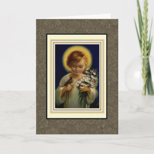 Cartão De Festividades Abençoada Criança Jesus com pássaro e flores