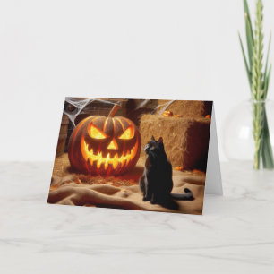 Cartão De Festividades Abóbora de Halloween e Gato no Celeiro