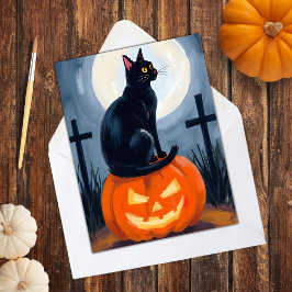 Cartão De Festividades Abóbora de Halloween Gato Preto Pintada