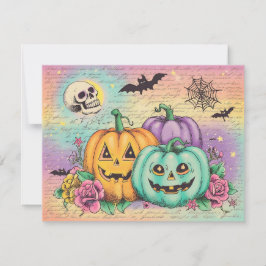 Cartão De Festividades Abóboras de Halloween Assustadoras e Caveira Vinta