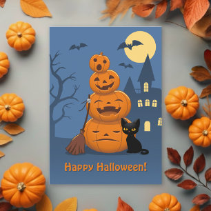 Cartão De Festividades Abóboras de Halloween e Gato Preto