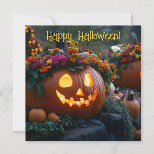 Cartão De Festividades Abóboras de Halloween esculpidas decoradas com flo