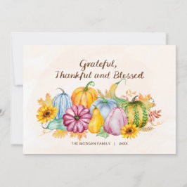 Cartão De Festividades Abóboras em Aquarela Girassóis Ação de Graças